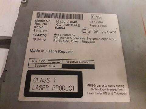 Foto 3ª: Sistema Audio Radio CD Toyota Yaris VERSION INDEFINIDA (2012)