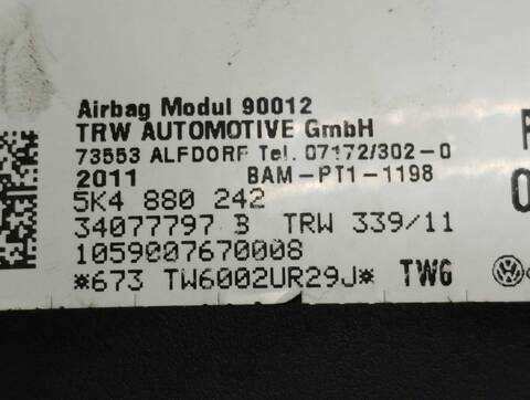 Foto 2ª: Airbag Lateral Trasero Derecho Volkswagen Golf ADVANCE BLUEMOTION 105CV 77KW [CAY] (2012)